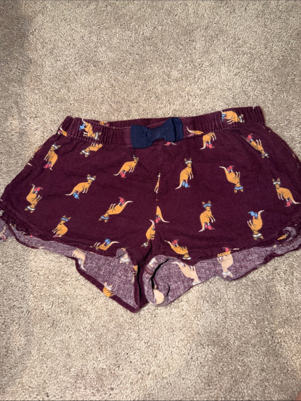 Maroon Kangaroo Print Sleep Shorts with Bow